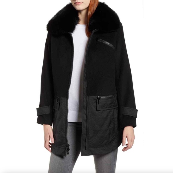 Trina Turk Womens Genuine Fox Fur Trim Mixed Media Coat in Black Size Me…